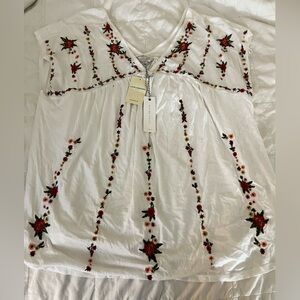 Lucky Brand White Top with Red Floral Details